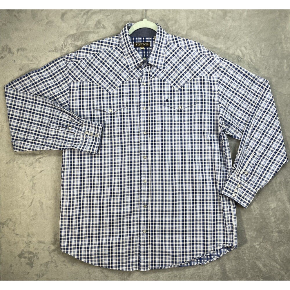 Stetson Mens 2XL Blue Plaid Cotton Long Sleeve Button Up Dress Shirt Cowboy